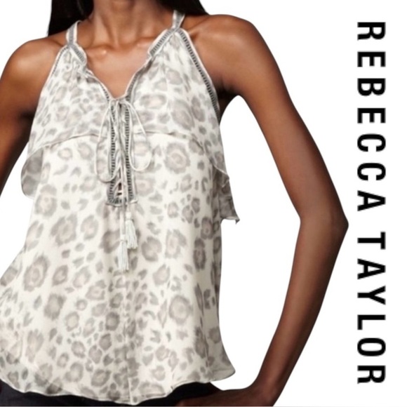 Rebecca Taylor Gray Ivory Leopard Animal Print Silk Ruffle Sleeveless Top Sz 2 - Picture 1 of 11